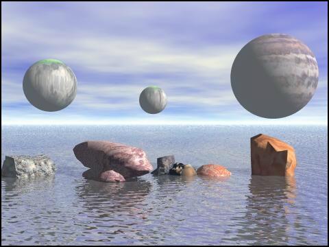 Three ancient moons hang ponderously in the atmosphere of this watery world.